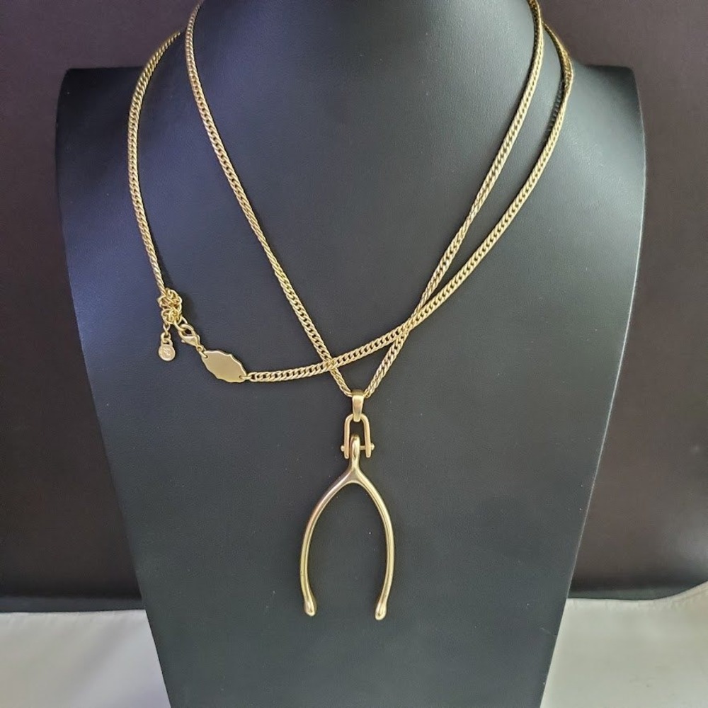 Spartina 449 Gold Tone Wishbone Pendant Long Curb Chain Necklace